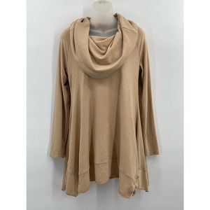 Soft Surroundings Cowl Neck Tunic Sweater XS Long Sleeve Tan Sharkbite Hem Soft